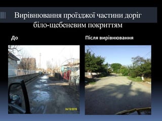 Вирівнювання проїзджої частини доріг
біло-щебеневим покриттям
До Після вирівнювання
 