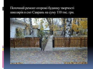 Поточний ремонт огорожі будинку творчості
школярів в смт Саврань на суму 110 тис. грн.
 