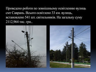 Проведено роботи по зовнішньому освітленню вулиць
смт Саврань. Всього освітлено 33 км. вулиць,
встановлено 541 шт. світильників. На загальну суму
2112,964 тис. грн..
 