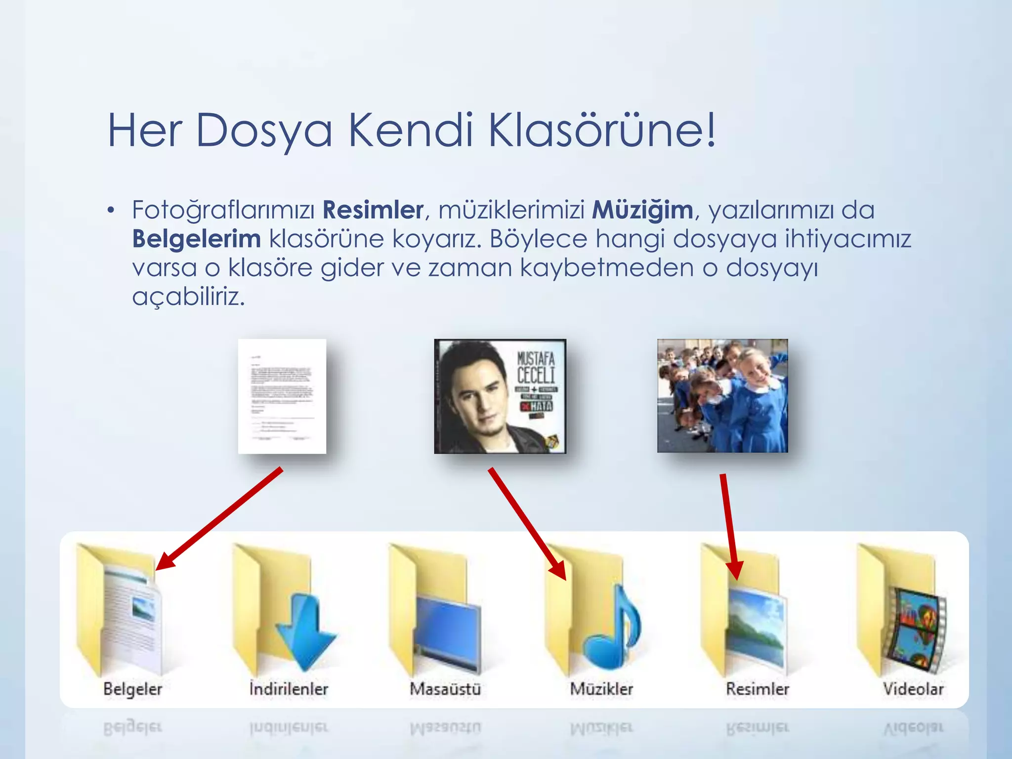Her Dosya Kendi Klasörüne!
• Fotoğraflarımızı Resimler, müziklerimizi Müziğim, yazılarımızı da
Belgelerim klasörüne koyarız. Böylece hangi dosyaya ihtiyacımız
varsa o klasöre gider ve zaman kaybetmeden o dosyayı
açabiliriz.

 