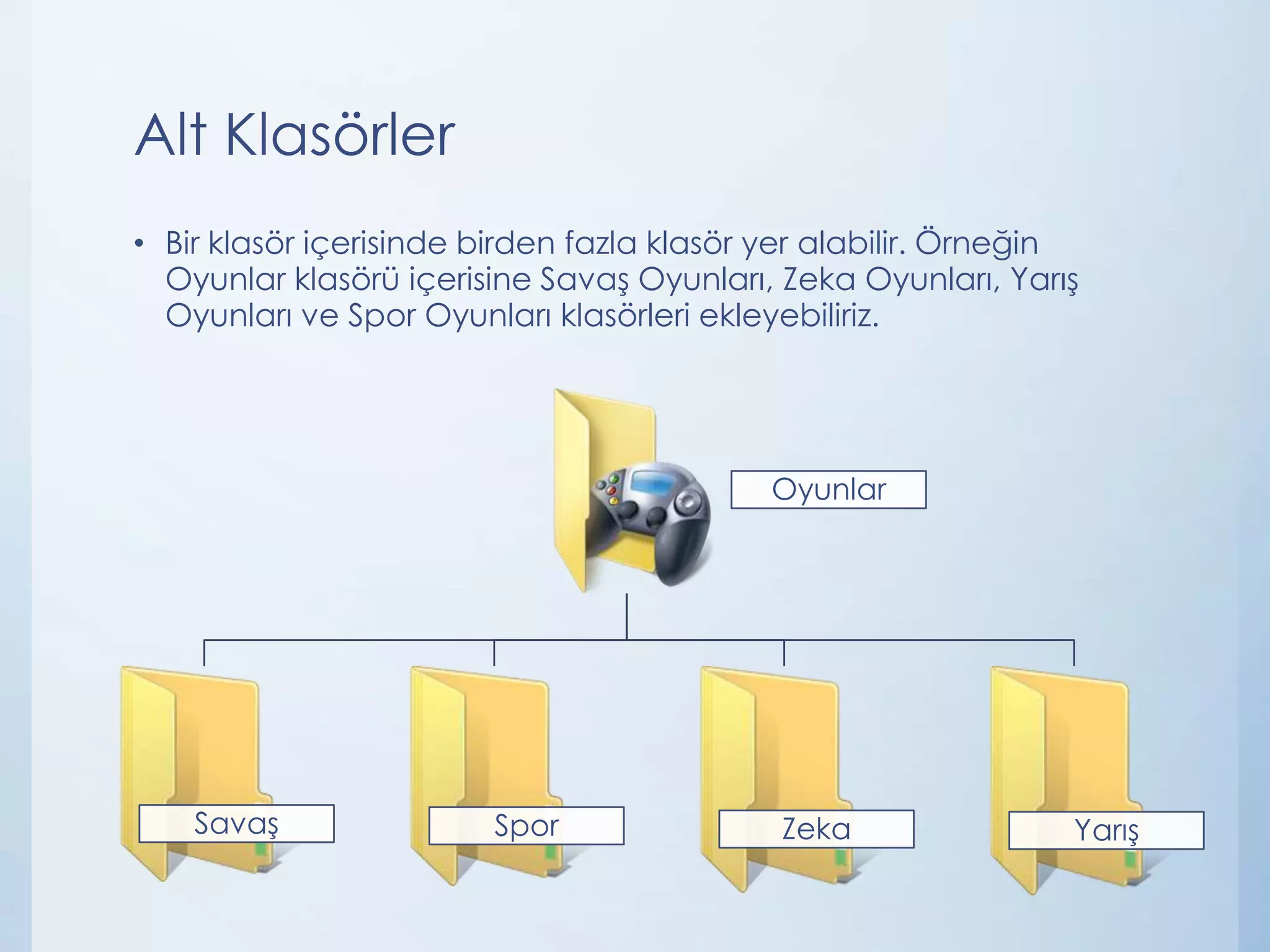 Alt Klasörler
• Bir klasör içerisinde birden fazla klasör yer alabilir. Örneğin
Oyunlar klasörü içerisine Savaş Oyunları, Zeka Oyunları, Yarış
Oyunları ve Spor Oyunları klasörleri ekleyebiliriz.

Oyunlar

Savaş

Spor

Zeka

Yarış

 