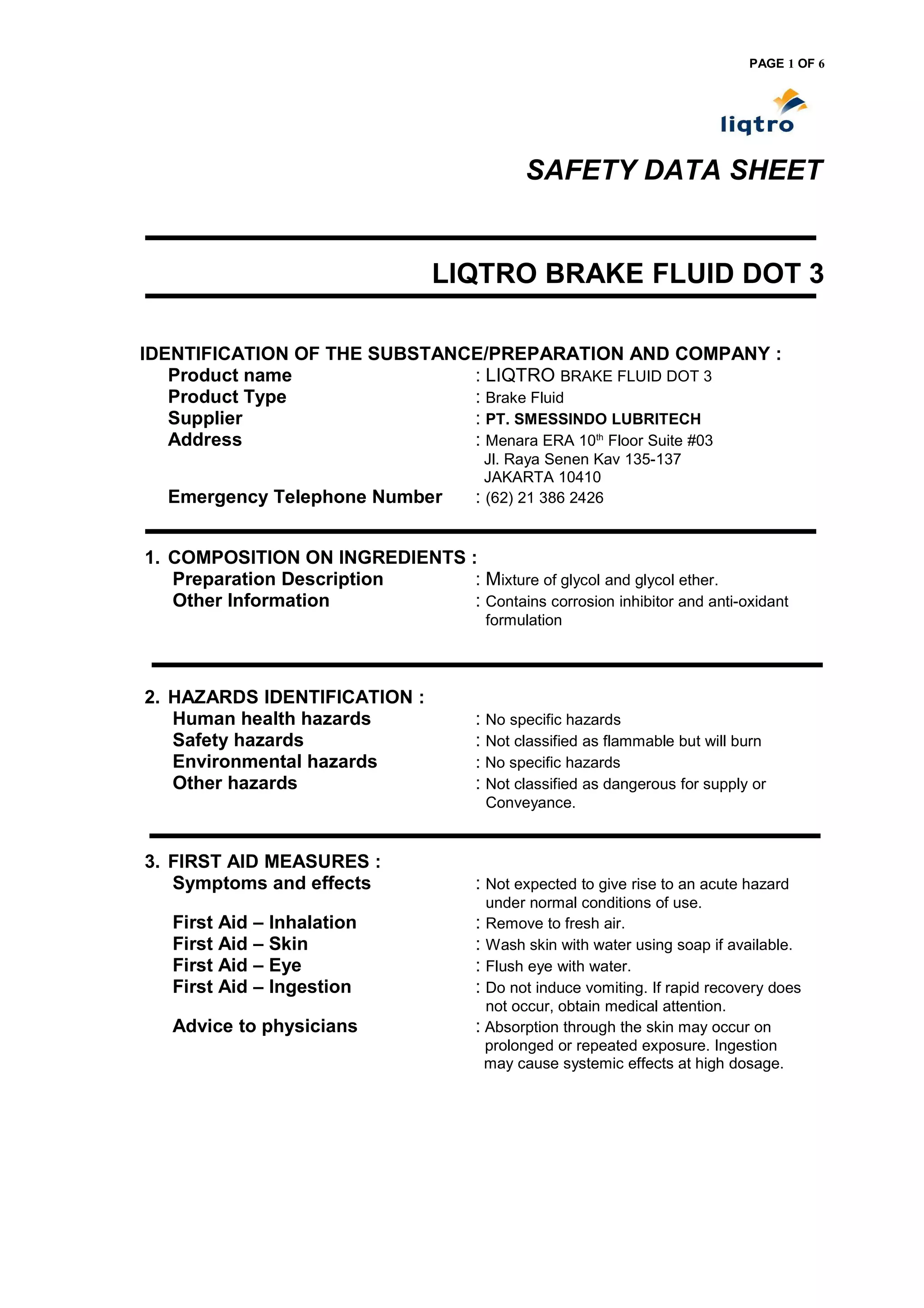 Brake Fluids DOT 3 (Material Safety Data Sheet) PDF