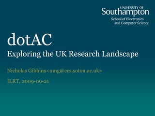 dotACExploring the UK Research Landscape Nicholas Gibbins &lt;nmg@ecs.soton.ac.uk&gt; ILRT, 2009-09-21 