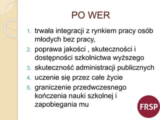 PO WER 
1. trwała integracji z rynkiem pracy osób 
młodych bez pracy, 
2. poprawa jakości , skuteczności i 
dostępności szkolnictwa wyższego 
3. skuteczność administracji publicznych 
4. uczenie się przez całe życie 
5. graniczenie przedwczesnego 
kończenia nauki szkolnej i 
zapobiegania mu 
 