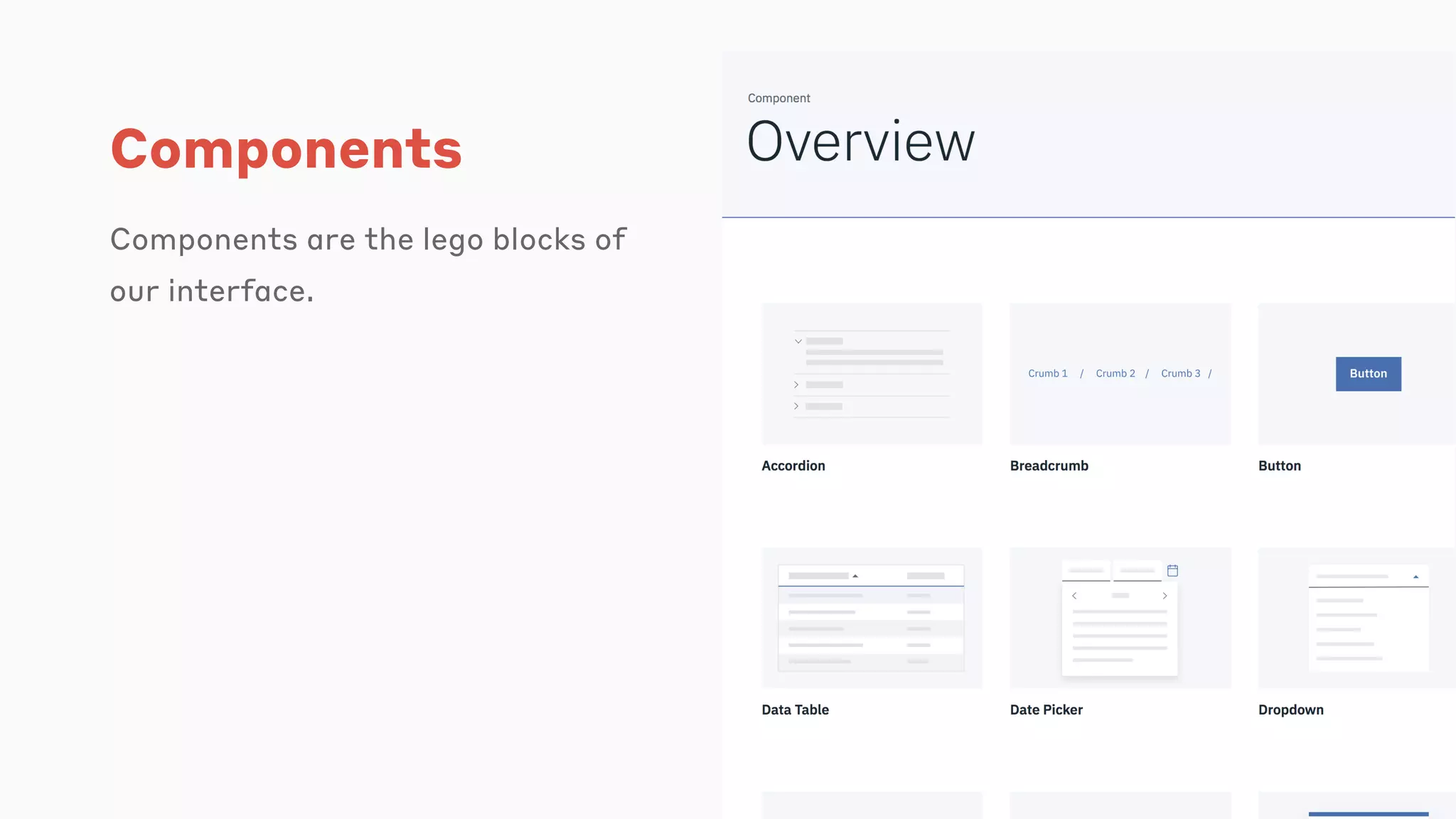 Components
Components are the lego blocks of
our interface.
 