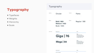 Typography
• Typefaces
• Weights
• Hierarchy
• Scale
 