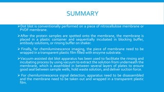 SUMMARY
Dot blot is conventionally performed on a piece of nitrocellulose membrane or
PVDF membrane.
After the protein samples are spotted onto the membrane, the membrane is
placed in a plastic container and sequentially incubated in blocking buffer,
antibody solutions, or rinsing buffer on shaker.
 Finally, for chemiluminescence imaging, the piece of membrane need to be
wrapped in a transparent plastic film filled with enzyme substrate.
Vacuum-assisted dot blot apparatus has been used to facilitate the rinsing and
incubating process by using vacuum to extract the solution from underneath the
membrane, which is assembled in between several layers of plates to ensure
good seal between sample wells, hold waste solution, and deliver suction force.
 For chemiluminescence signal detection, apparatus need to be disassembled
and the membrane need to be taken out and wrapped in a transparent plastic
film.
 