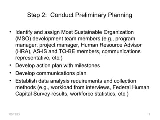 Step 2: Conduct Preliminary Planning

• Identify and assign Most Sustainable Organization
  (MSO) development team members (e.g., program
  manager, project manager, Human Resource Advisor
  (HRA), AS-IS and TO-BE members, communications
  representative, etc.)
• Develop action plan with milestones
• Develop communications plan
• Establish data analysis requirements and collection
  methods (e.g., workload from interviews, Federal Human
  Capital Survey results, workforce statistics, etc.)


03/13/13                                               11
 