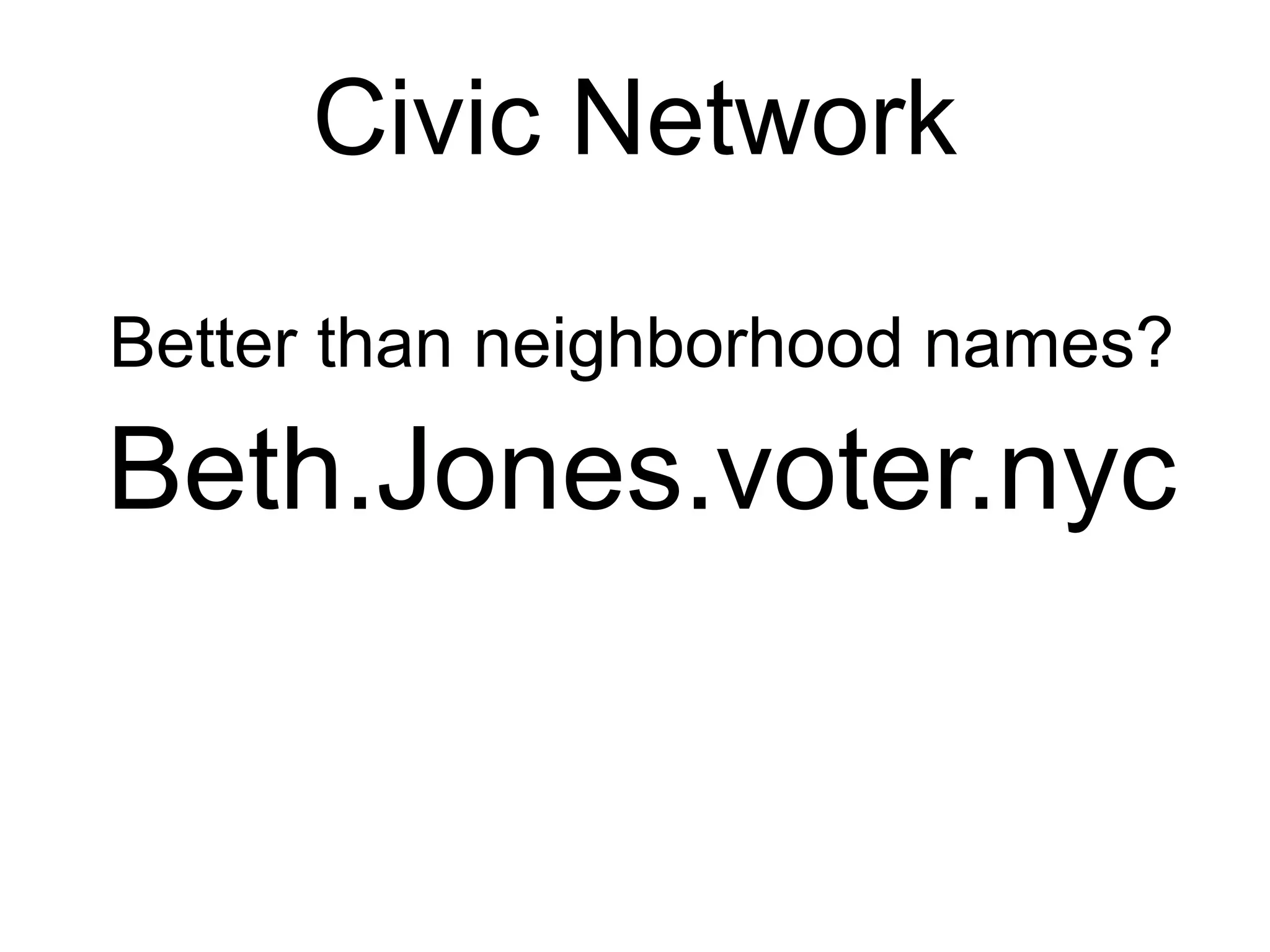 Civic Network

Better than neighborhood names?

Beth.Jones.voter.nyc
 
