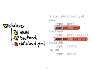 $ cat dotcloud.yml
     www:
        type: perl
        approot: www
     backend:
        type: perl-worker
        approot: backend
     nosqldb:
        type: redis
     sqldb:
        type: mysql



33
 