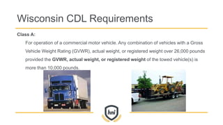 Class A:
For operation of a commercial motor vehicle. Any combination of vehicles with a Gross
Vehicle Weight Rating (GVWR), actual weight, or registered weight over 26,000 pounds
provided the GVWR, actual weight, or registered weight of the towed vehicle(s) is
more than 10,000 pounds.
Wisconsin CDL Requirements
 