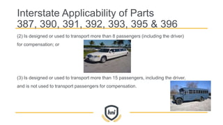 (2) Is designed or used to transport more than 8 passengers (including the driver)
for compensation; or
(3) Is designed or used to transport more than 15 passengers, including the driver,
and is not used to transport passengers for compensation.
Interstate Applicability of Parts
387, 390, 391, 392, 393, 395 & 396
 