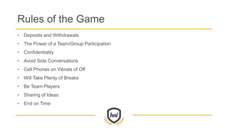 Rules of the Game
• Deposits and Withdrawals
• The Power of a Team/Group Participation
• Confidentiality
• Avoid Side Conversations
• Cell Phones on Vibrate of Off
• Will Take Plenty of Breaks
• Be Team Players
• Sharing of Ideas
• End on Time
Tweet us!
 