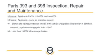 Interstate: Applicable CMV’s both CDL and non-CDL
Intrastate: Applicable - same as Interstate except:
WI - Brakes are not required on all wheels if the vehicle was placed in operation in common,
contract, or private carriage prior to 6-1-1987.
MI - Less than 15000# allows surge brakes.
Parts 393 and 396 Inspection, Repair
and Maintenance
 