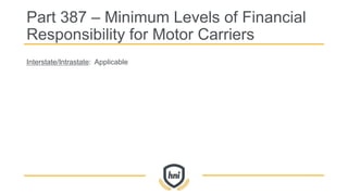 Interstate/Intrastate: Applicable
Part 387 – Minimum Levels of Financial
Responsibility for Motor Carriers
 
