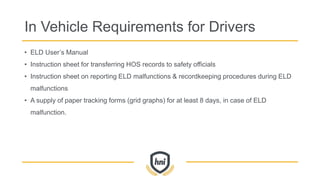 In Vehicle Requirements for Drivers
• ELD User’s Manual
• Instruction sheet for transferring HOS records to safety officials
• Instruction sheet on reporting ELD malfunctions & recordkeeping procedures during ELD
malfunctions
• A supply of paper tracking forms (grid graphs) for at least 8 days, in case of ELD
malfunction.
 