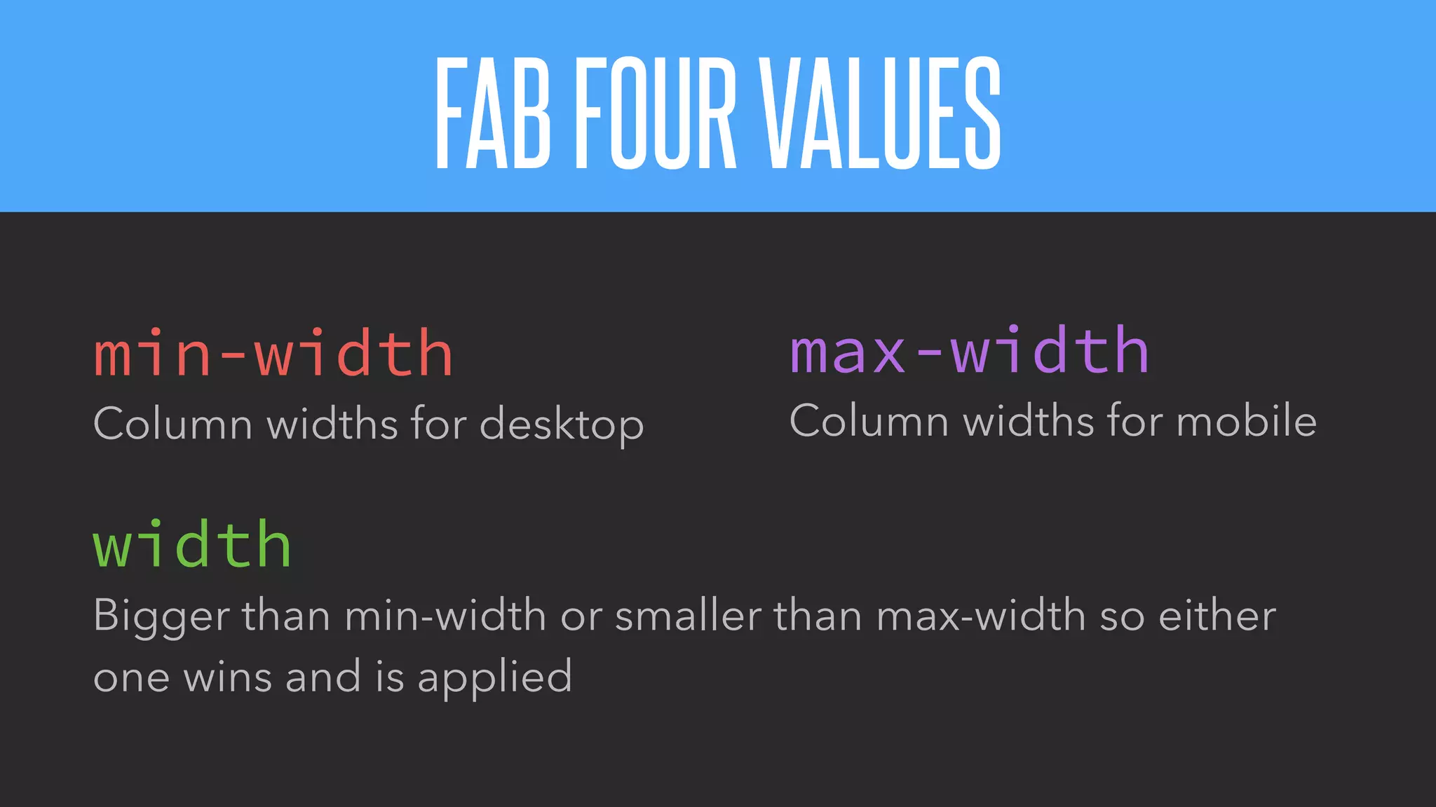 @KevinMandeville #CSSSummit
min-width
Column widths for desktop
width
Bigger than min-width or smaller than max-width so either
one wins and is applied
FABFOURVALUES
max-width
Column widths for mobile
 