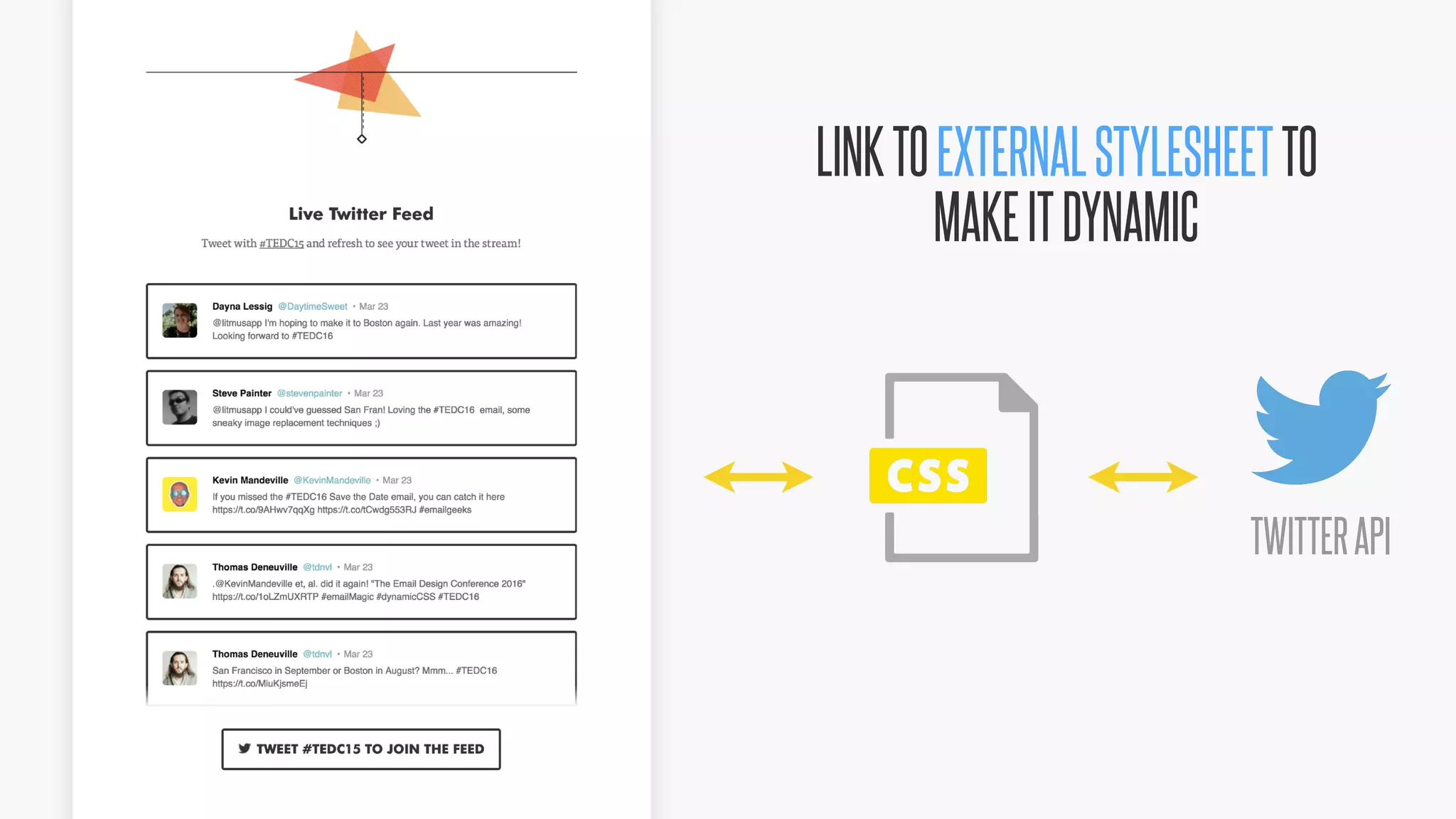 @KevinMandeville #CSSSummit
LINKTOEXTERNALSTYLESHEETTO
MAKEITDYNAMIC
TWITTERAPI
 