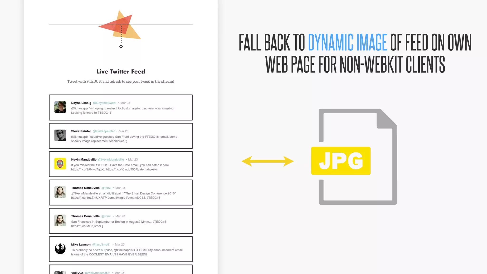 @KevinMandeville #CSSSummit
FALLBACKTODYNAMICIMAGEOFFEEDONOWN
WEBPAGEFORNON-WEBKITCLIENTS
 