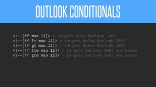 @KevinMandeville #CSSSummit
<!--[if mso 12]> = targets only Outlook 2007
<!--[if lt mso 12]> = targets below Outlook 2007
<!--[if gt mso 12]> = targets above Outlook 2007
<!--[if lte mso 12]> = targets Outlook 2007 and below
<!--[if gte mso 12]> = targets Outlook 2007 and above
OUTLOOKCONDITIONALS
 
