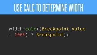 @KevinMandeville #CSSSummit
USECALCTODETERMINEWIDTH
width:calc((Breakpoint Value
— 100%) * Breakpoint);
 