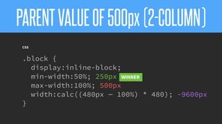 @KevinMandeville #CSSSummit
PARENTVALUEOF500px(2-COLUMN)
CSS
.block {
display:inline-block;
min-width:50%; 250px WINNER
max-width:100%; 500px
width:calc((480px — 100%) * 480); -9600px
}
 