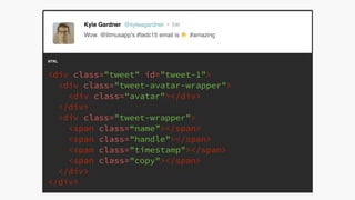 @KevinMandeville #CSSSummit
HTML
<div class="tweet" id="tweet-1">
<div class="tweet-avatar-wrapper">
<div class="avatar"></div>
</div>
<div class="tweet-wrapper">
<span class=“name”></span>
<span class="handle"></span>
<span class="timestamp"></span>
<span class="copy"></span>
</div>
</div>
 