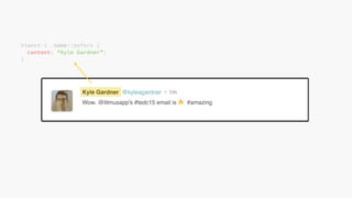 @KevinMandeville #CSSSummit
#tweet-1 .name::before {
content: “Kyle Gardner”;
}
 
