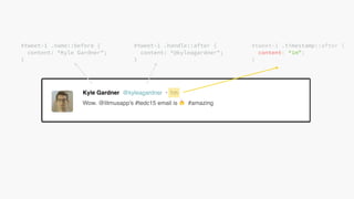 @KevinMandeville #CSSSummit
#tweet-1 .name::before {
content: “Kyle Gardner”;
}
#tweet-1 .handle::after {
content: “@kyleagardner";
}
#tweet-1 .timestamp::after {
content: “1m”;
}
 