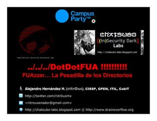 ../../../DotDotFUA !!!!!!!!!!
FUAzzer… La Pesadilla de los Directorios

Alejandro Hernández H. (nitrØus), CISSP, GPEN, ITIL, CobiT
http://twitter.com/nitr0usmx

<nitrousenador@gmail.com>

http://chatsubo-labs.blogspot.com || http://www.brainoverflow.org
 