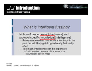 ../../ Introduction
Intelligent Fuzz Testing




Source:
DeMott, J. (2006). The evolving art of fuzzing.
 