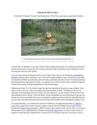 Turning the Tide for Tigers –

   A Dot Earth “Postcard” from Dr. Alan Rabinowitz, CEO of the conservation organization Panthera




                  A local, dominant male tiger resting in a pond in India’s Kaziranga National Park.




I recently flew to Bangkok to join many of the world’s leading tiger experts, law enforcement specialists
and my closest peers to assess the state of tigers and map out the conservation actions required to ensure
the long term survival of the species.

Two years ago, during the International Forum for Tiger Conservation in St. Petersburg, unattended by
Panthera, grand promises including a ‘new’ $330 million dollar pledge for tiger conservation were made
by international NGOs, governments, political leaders, celebrities and others (much of which had already
been designated for tiger projects). Today, as suspected, few of these resources have reached or impacted
conservation projects, and tiger populations are still hemorrhaging.

Inhabiting less than 7% of its historic range, the tiger has experienced the greatest range collapse of any
large cat and is now one of the most endangered large mammals on earth. Numbering in the tens of
thousands at the beginning of the 20th century, the most optimistic, current estimates of the world’s wild
tiger population hovers below 3,200 individuals. Along with habitat loss and overhunting of tiger prey by
humans, the most catastrophic tiger losses are caused by rampant poaching to feed the insatiable demand
for tiger skins and other body parts that are sold on the illegal wildlife market throughout southeast Asia.

To stop the bleeding, I, in collaboration with one of Panthera’s founding Board members, J. Michael
Cline, and a group of the world’s foremost experts on tigers from the Wildlife Conservation Society
launched the Tigers Forever program in 2006 to increase tiger numbers at key sites by 50% over ten years
(this program is now implemented by Panthera and Save the Tiger Fund). To achieve and evaluate our
progress towards this goal, Panthera hosts a Tigers Forever conference each year, convening a suite of
 