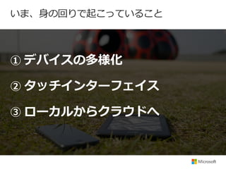 いま、身の回りで起こっていること

① デバイスの多様化
② タッチインターフェイス
③ ローカルからクラウドへ

 