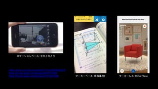 https://www.youtube.com/watch?v=oxnKOQkWwF8
https://itunes.apple.com/jp/app/id648137866
https://itunes.apple.com/jp/app/id1279244498
ロケーションベース: セカイカメラ
マーカーベース: 教科書AR マーカーレス: IKEA Place
 