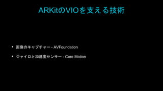 ARKitのVIOを支える技術
• 画像のキャプチャー - AVFoundation
• ジャイロと加速度センサー - Core Motion
 