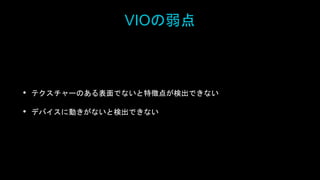 VIOの弱点
• テクスチャーのある表面でないと特徴点が検出できない
• デバイスに動きがないと検出できない
 
