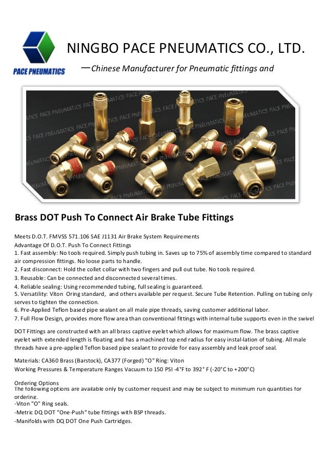 Dot push to connect air brake fittings, pneumatic fittings