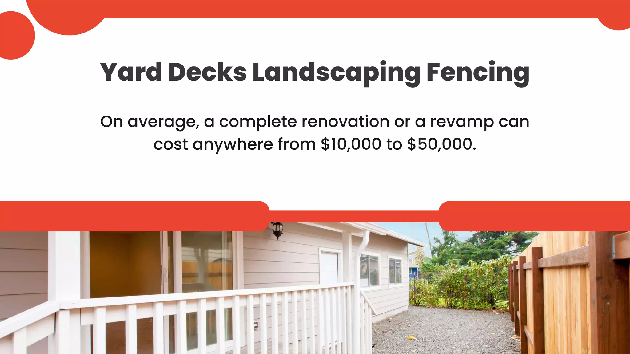 Yard Decks Landscaping Fencing
On average, a complete renovation or a revamp can
cost anywhere from $10,000 to $50,000.
 