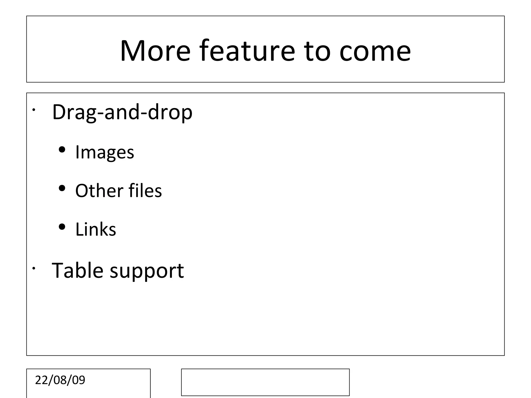 More feature to come Drag-and-drop Images Other files Links Table support