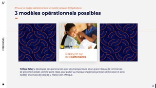 4949
3 modèles opérationnels possibles
#Trouver un modèle opérationnel dans un marché manquant d’infrastructures
Yellow Relay a développé des partenariats avec des transporteurs et un grand réseau de commerces
de proximité utilisés comme point relais pour pallier au manque d’adresses précises de livraison et ainsi
faciliter les envois de colis de la France vers l’Afrique.
S’appuyer sur
des partenaires
 