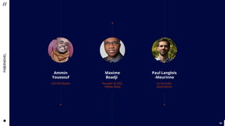 5252
;;;;
;;;;
Ammin
Youssouf
;;;;
CEO Afrobytes
;;;;
;;;;
;;;;
;;;;
Maxime
Boadji;;;
;;;;
Founder & CEO,
Yellow Relay
;;;;
;;;;
;;;;
;;;;
Paul Langlois
-Meurinne
;;;;
Co-founder,
Optimetriks
;;;;
;;;;
 