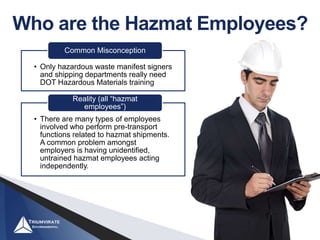 Who are the Hazmat Employees?
• Only hazardous waste manifest signers
and shipping departments really need
DOT Hazardous Materials training
Common Misconception
• There are many types of employees
involved who perform pre-transport
functions related to hazmat shipments.
A common problem amongst
employers is having unidentified,
untrained hazmat employees acting
independently.
Reality (all “hazmat
employees”)
 