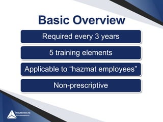 Basic Overview
Required every 3 years
5 training elements
Applicable to “hazmat employees”
Non-prescriptive
 