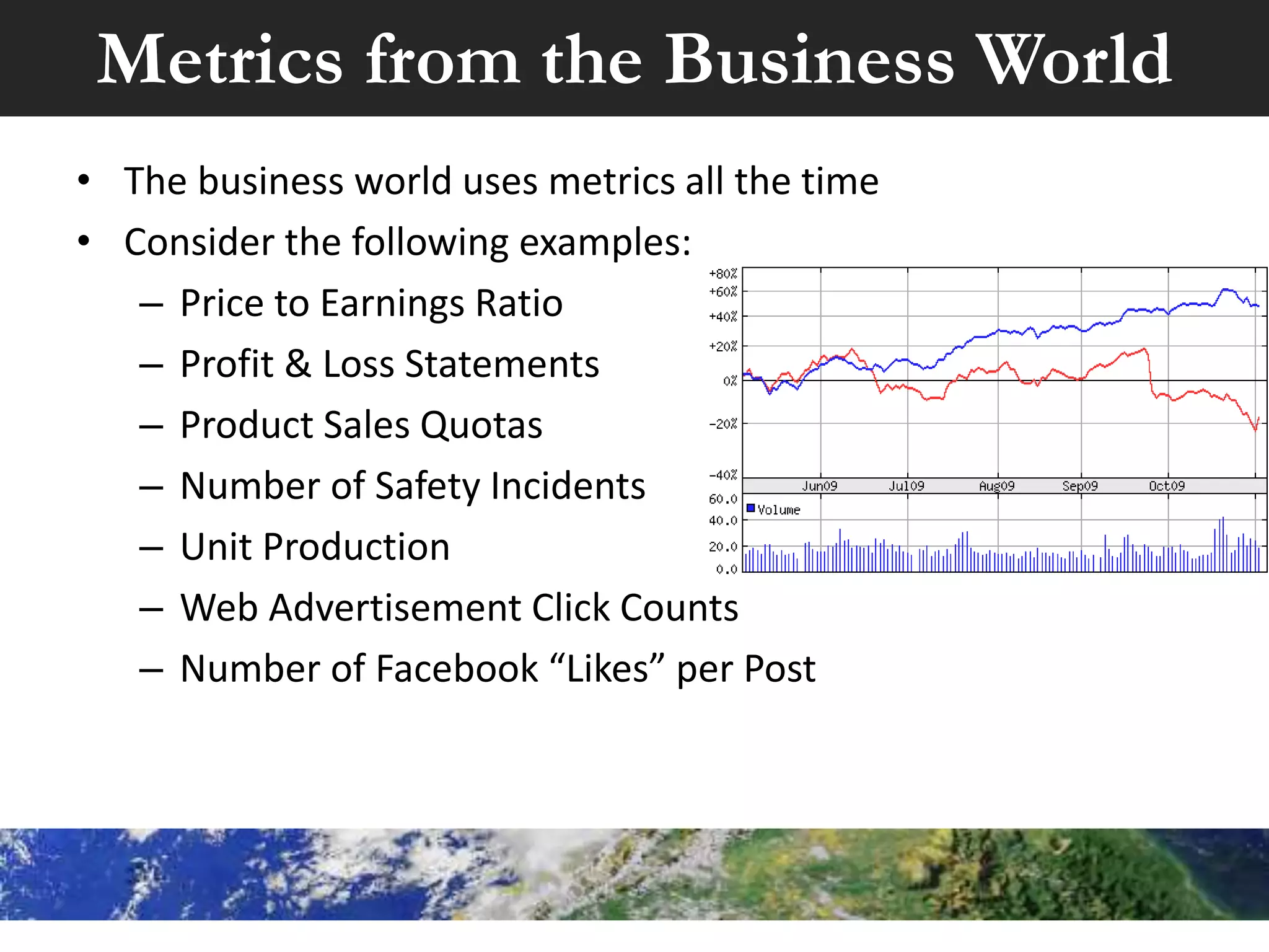 Metrics from the Business World
• The business world uses metrics all the time
• Consider the following examples:
– Price to Earnings Ratio
– Profit & Loss Statements
– Product Sales Quotas
– Number of Safety Incidents
– Unit Production
– Web Advertisement Click Counts
– Number of Facebook “Likes” per Post
 