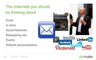 Slide 4 @skipfidura @dotmailer
The channels you should
be thinking about
Email
In store
Social Networks
Retargeting ads
Ev...