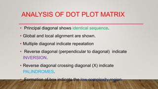 ANALYSIS OF DOT PLOT MATRIX
• Principal diagonal shows identical sequence.
• Global and local alignment are shown.
• Multiple diagonal indicate repeatation
• Reverse diagonal (perpendicular to diagonal) indicate
INVERSION.
• Reverse diagonal crossing diagonal (X) indicate
PALINDROMES.
• Formation of box indicate the low complexity region
 