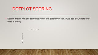 DOTPLOT SCORING
• Dotplot- matrix, with one sequence across top, other down side. Put a dot, or 1, where ever
there is identity.
G A T C T
G
A
T
C
T
 