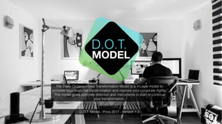 D.O.T.
MODEL
The Deep Organisational Transformation Model is a 4-Layer model to
promote organisational transformation and improve your corporate Agility.
This model gives concrete direction and instruments to start or continue
your transformation.
- D.O.T. Model - Prins 2017 - Version 1.0 -
 