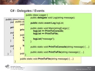 C# - Delegates / Events public class Logger { public  delegate  void Log(string message); private  static  Log  log ger ; public  static void Main(string[] args) { log ger  = new Log(PrintToConsole); log ger.Invoke ("message"); } public static void  PrintToConsole(string  message) { Console.WriteLine(message); } } public class Logger { public  delegate  void Log(string message); private  static  Log  logList; public  static void Main(string[] args) { logList  +=  new Log(PrintToConsole); logList  +=  new Log(PrintTo File ); logList ("message"); } public static void  PrintToConsole (string message) {  … }  public static void  PrintTo File (string message) {  … } } public class Logger { public  delegate  void Log(string message); public  static  event   Log  logList ; public  static void Main(string[] args) { logList  +=  PrintToConsole; logList  +=  PrintTo File ; logList ("message"); } public static void  PrintToConsole (string message) {  … }  public static void  PrintTo File (string message) {  … } } 