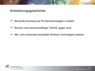 Entstehungsgeschichte Microsofts Dominanz der PC-Kerntechnologien in Gefahr  Wunsch nach konkurrenzfähiger Technik „gegen Java“ Alte, nicht zueinander kompatible Windows Technologien ersetzen 